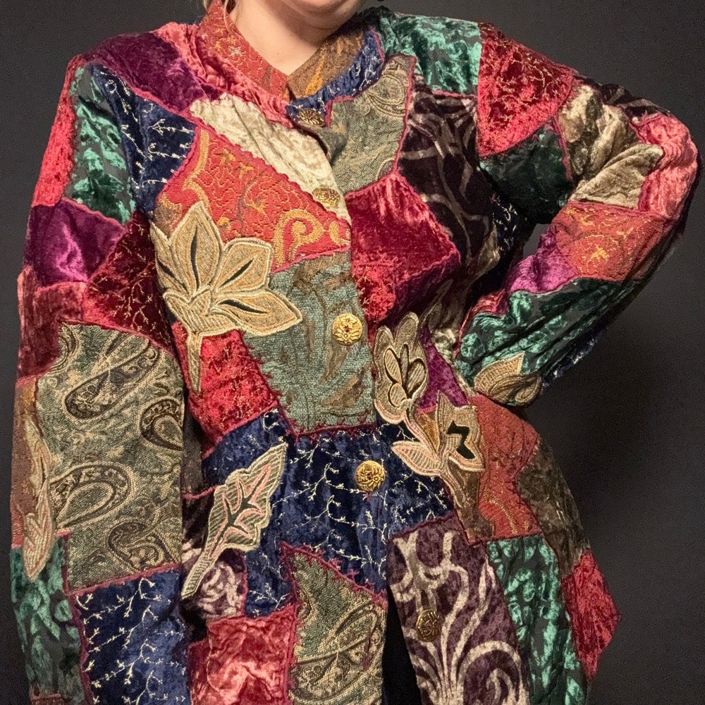 Boho Vtg 90s Patchwork Burnout Velvet Brocade‎ Jacket Tapestry Floral Plus Size